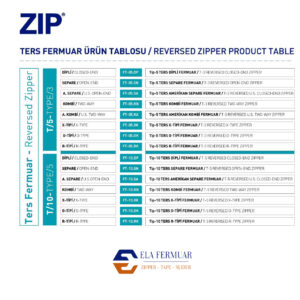 Ters Fermuar Ürün Tablosu